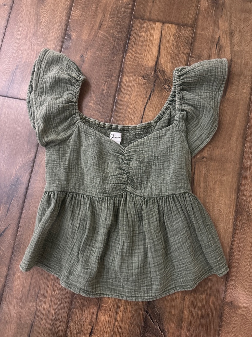 Olive Green Gauze Flutter Sleeve Peplum Top